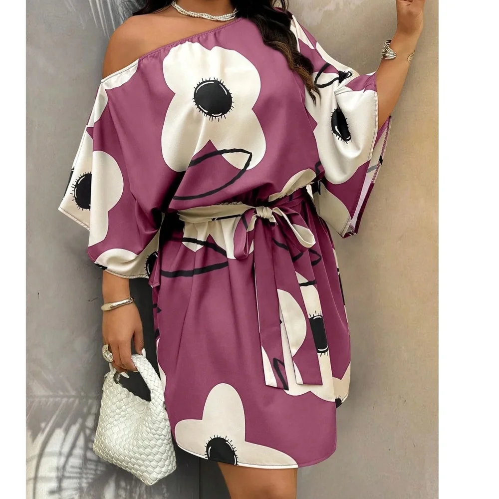 Plus Tropical Print One Shoulder Belted Batwing Sleeve Dress - Picture 4 of 9
